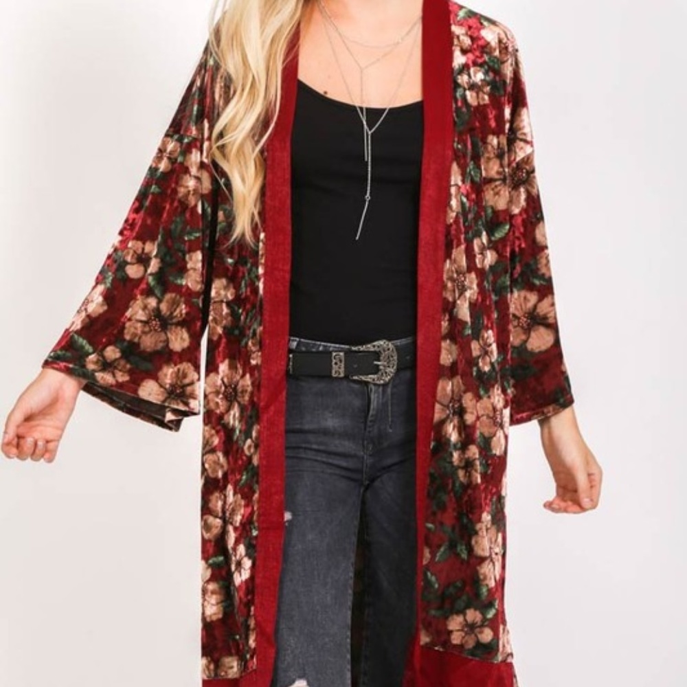 BURGUNDY VELVET DUSTER/KIMONO/CARDIGAN - Picture 3 of 4